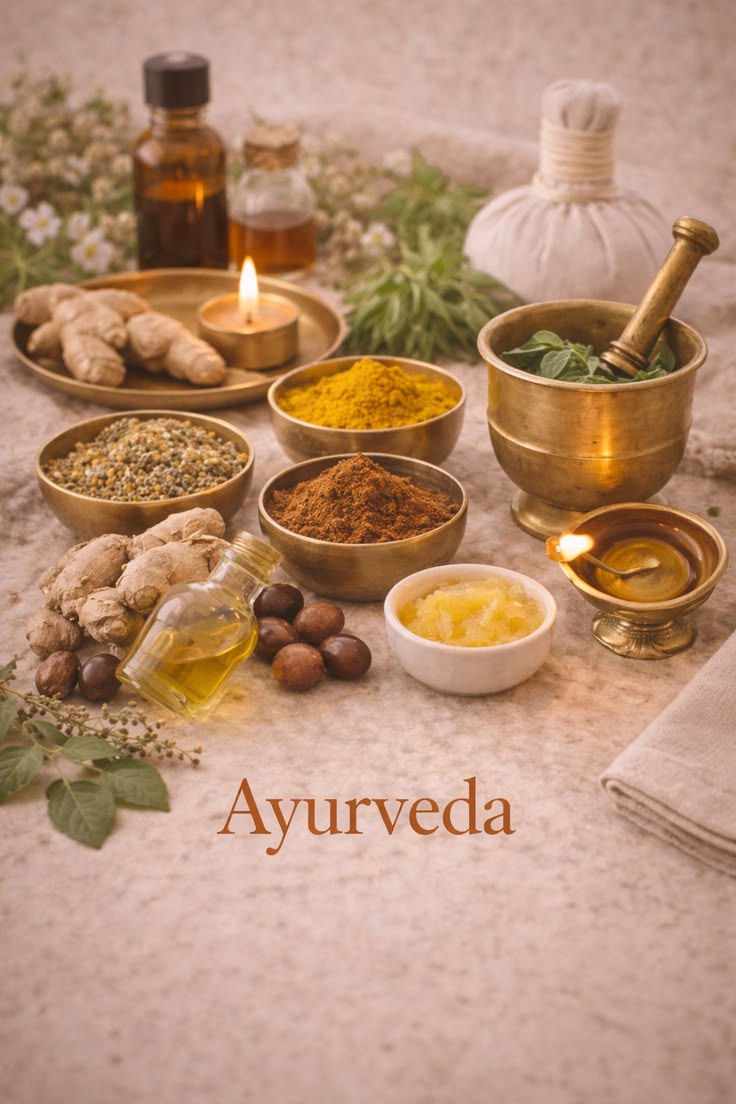 Ayurvedic oils and herbal treatment setup image